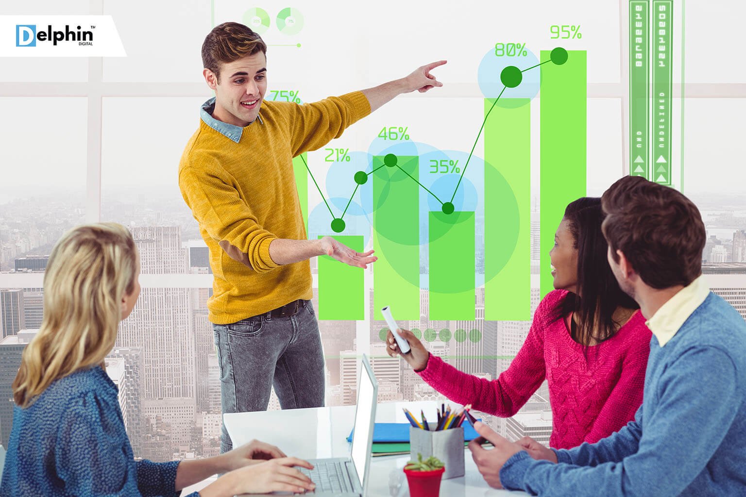 Team discussing digital marketing growth strategies with graphs and charts – Delphin Digital